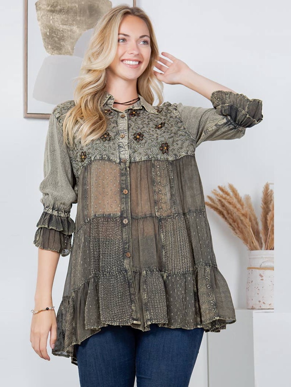 NWT Young Threads Boho Embroidered Tiered Button Up Top
